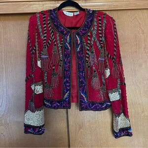 Vintage Laurence Kazar Silk Beaded Jacket Red Size Small 80s Funky Art to Wear